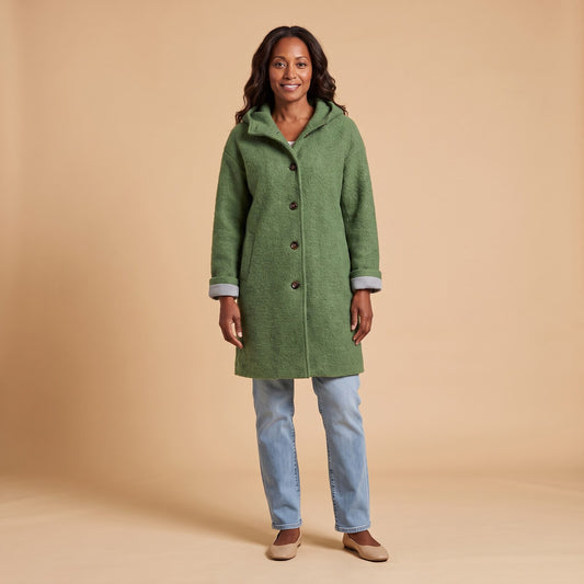 Hooded Longline Teddy Coat in Green - front view