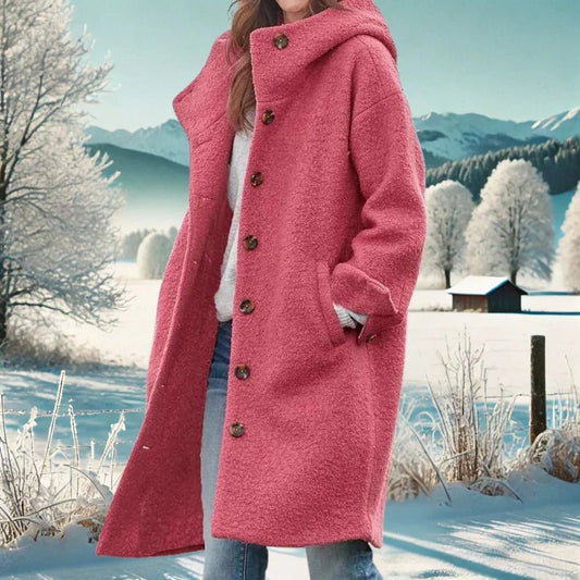 Hooded Longline Teddy Coat in Pink - worn by a model outdoors