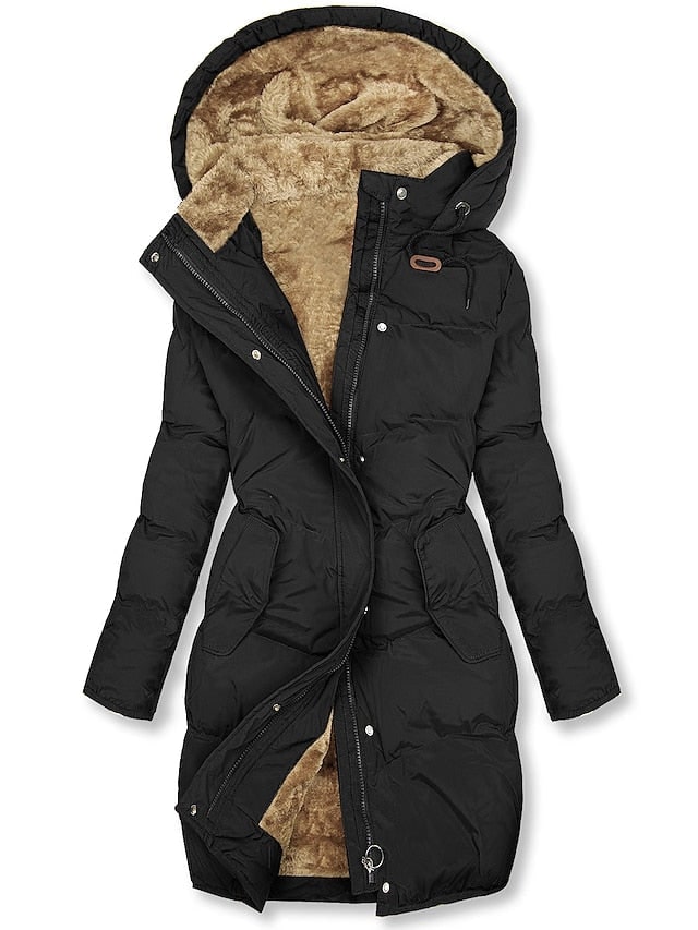 Black long insulated coat with fleece lined hood 1