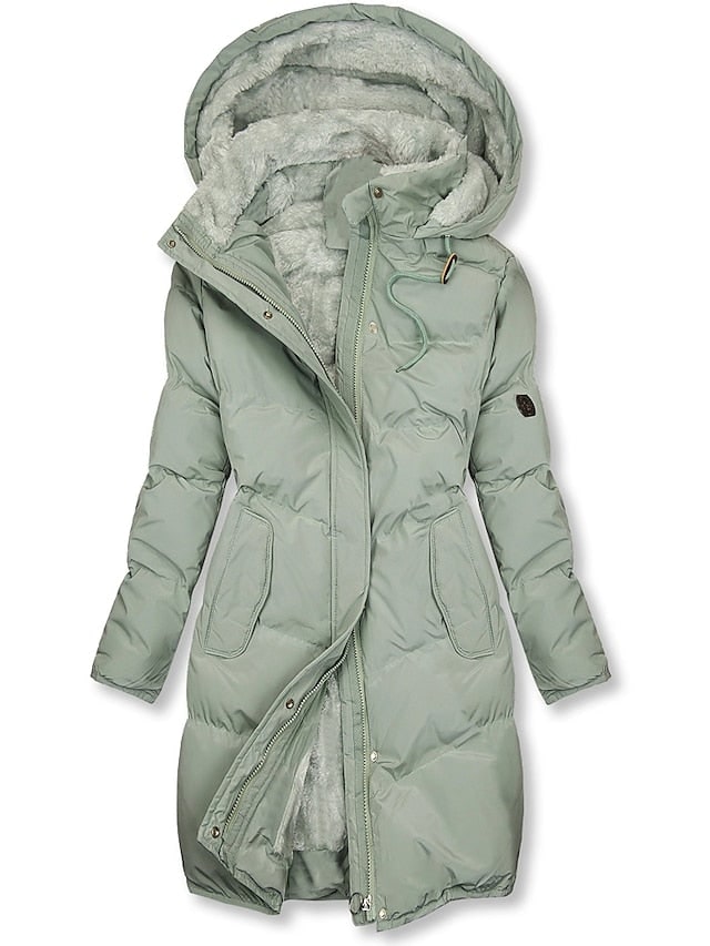 Green long insulated coat with fleece lined hood 3