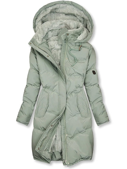 Green long insulated coat with fleece lined hood 3