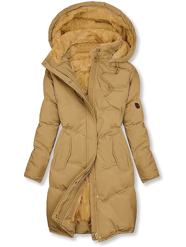 Yellow long insulated coat with fleece lined hood 4