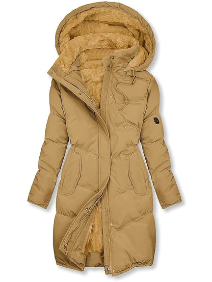 Yellow long insulated coat with fleece lined hood 4