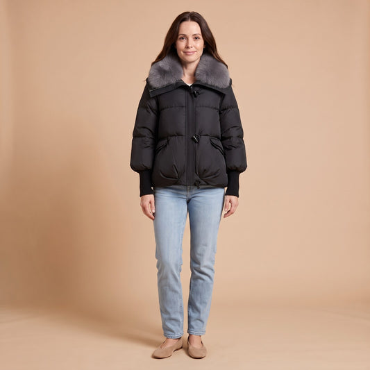 Isla Long Puffer Coat with Faux Fur Hood in Black - front view