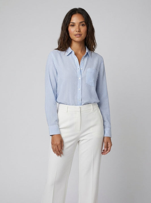 Jade Striped Blouse in Blue - worn by a model, front view