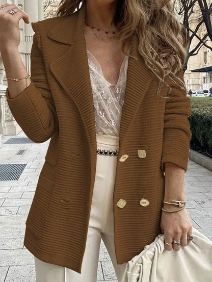 Joyce Textured Knit Top in brown - worn by a model, front view