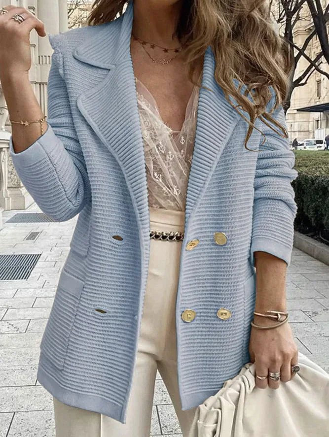 Joyce Textured Knit Top in sky blue - worn by a model, front view