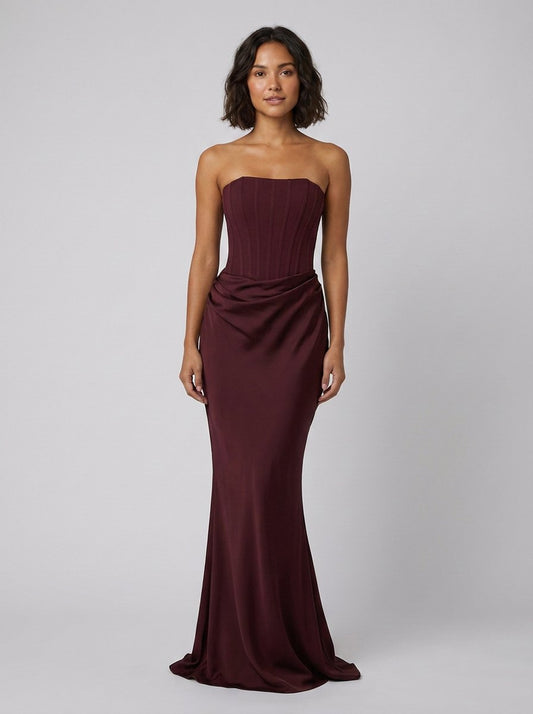 Kailani Corset Bodice Maxi Dress in Burgundy - worn by a model, front view