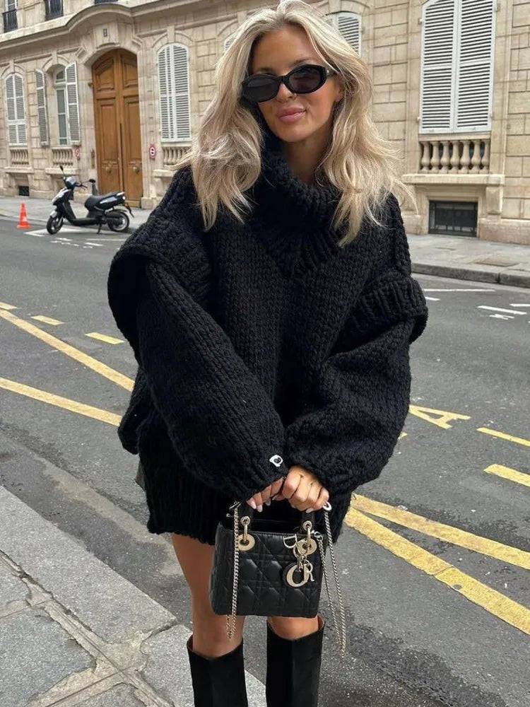 Knit Hooded Sweater in black - worn by a model outdoors
