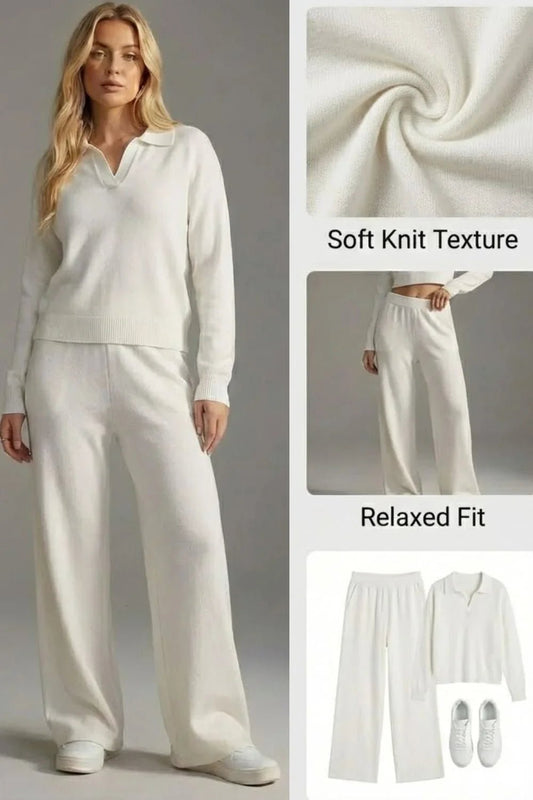 Knit Set with Polo Sweater and Wide Leg Trousers in White - overview of the fabric and fit