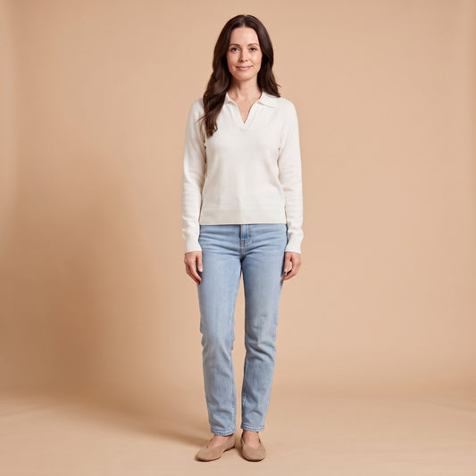 Knit Set with Polo Sweater and Wide Leg Trousers in White - front view