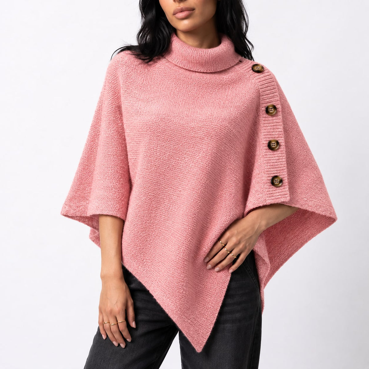 Knit Turtleneck Poncho with Buttons, Asymmetric Sweater Poncho 2