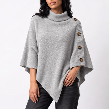 Knit Turtleneck Poncho with Buttons, Asymmetric Sweater Poncho 3