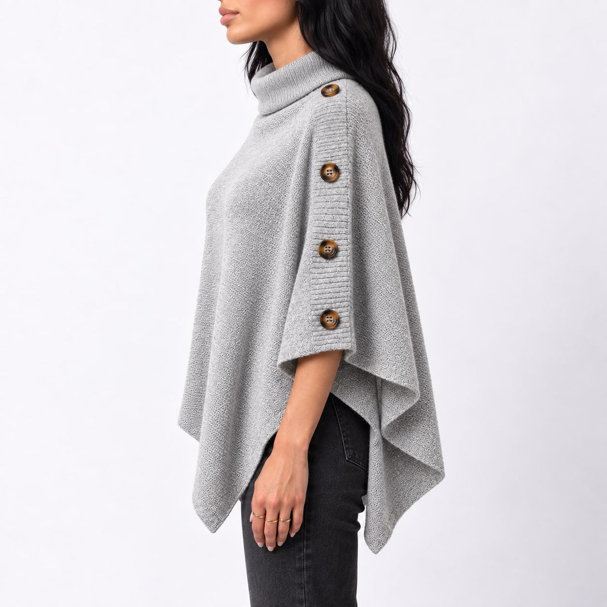 Knit Turtleneck Poncho with Buttons, Asymmetric Sweater Poncho 4