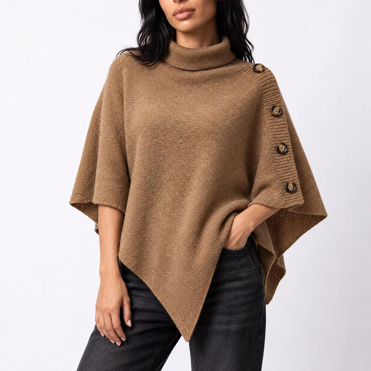 Knit Turtleneck Poncho with Buttons, Asymmetric Sweater Poncho 5