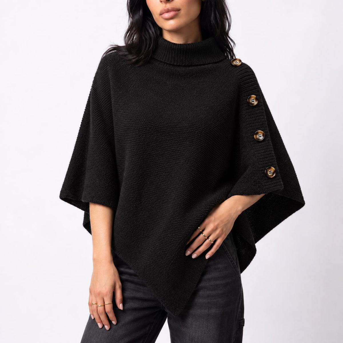 Knit Turtleneck Poncho with Buttons, Asymmetric Sweater Poncho 6