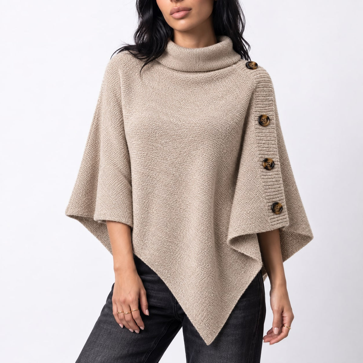 Knit Turtleneck Poncho with Buttons, Asymmetric Sweater Poncho 7