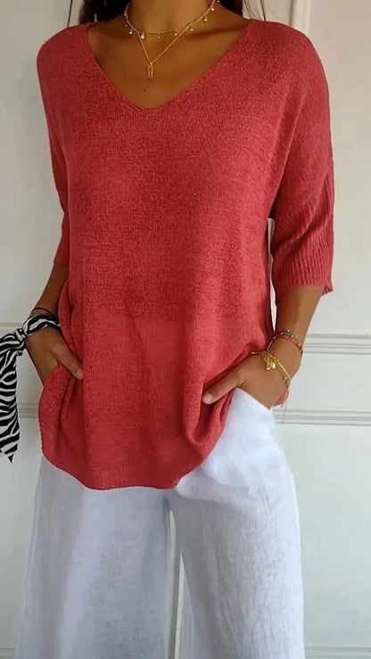 Knitwear Sweater with V Neck, Relaxed Fine Knit Top 2