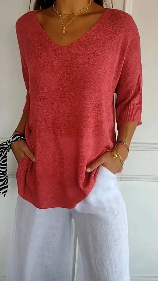 Knitwear Sweater with V Neck, Relaxed Fine Knit Top 2