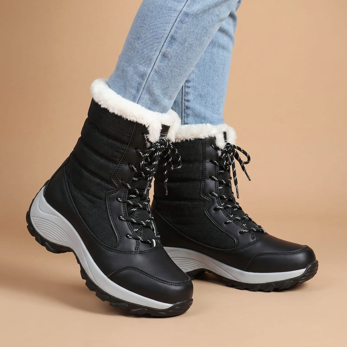 Lace Up Winter Boots with Faux Fur Cuff, Platform Snow Boots