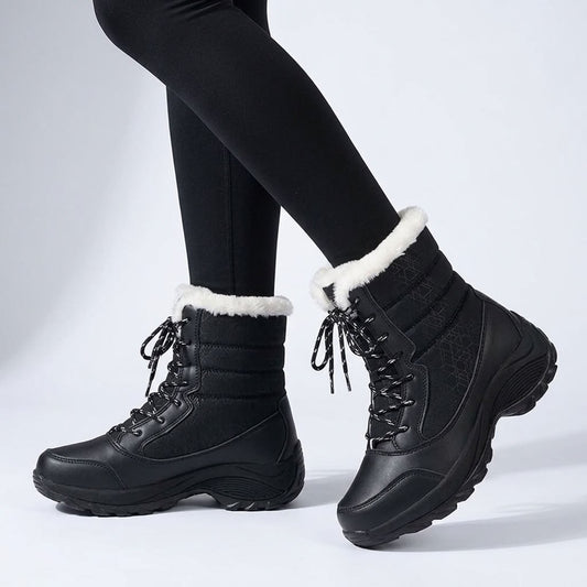 Lace Up Winter Boots with Faux Fur Cuff, Platform Snow Boots