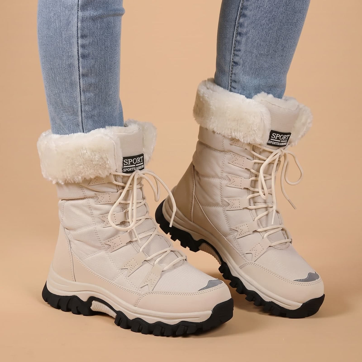 Waterproof Winter Boots with Faux Fur Cuff, Lace Up Snow Boots