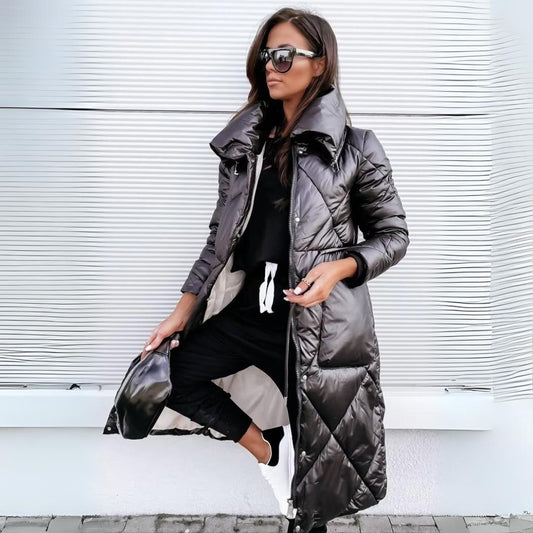 Layla Long Puffer Coat in Black - worn by a model outdoors