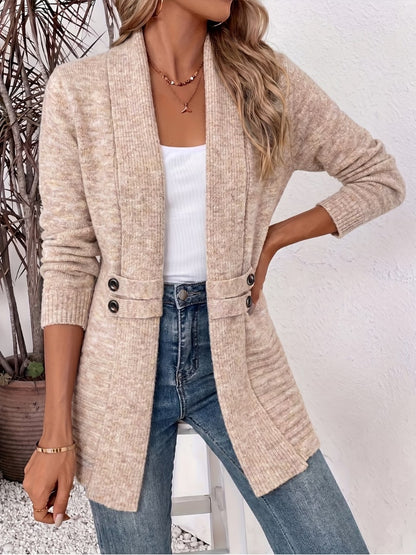 Beige open front cardigan with waist buttons worn with jeans 1