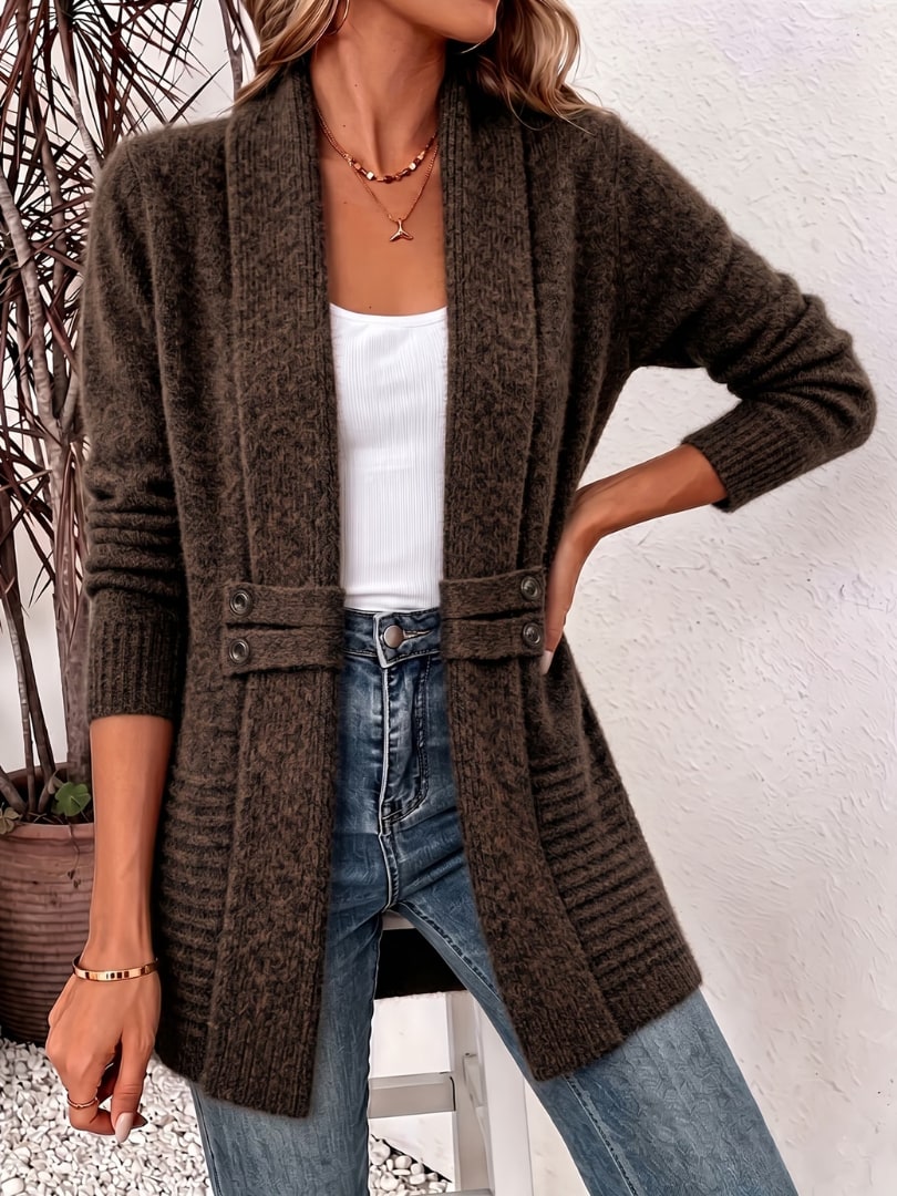 Brown open front cardigan with waist buttons 4