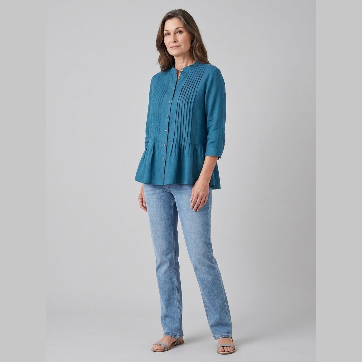 Lina Loose Tunic in Blue - worn by a model, front view