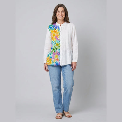 Lina Loose Tunic in White Placket Floral - worn by a model, front view