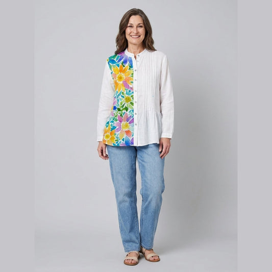 Lina Loose Tunic in White Placket Floral - worn by a model, front view