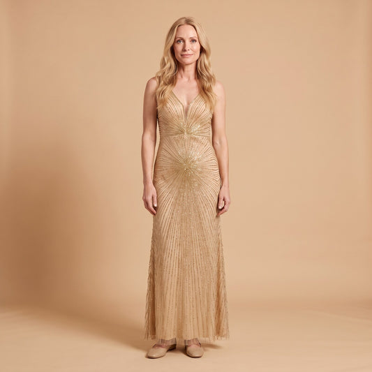 Liora Beaded Champagne Evening Gown in Champagne - front view