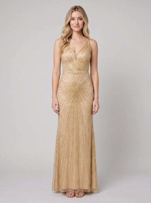Liora Beaded Champagne Evening Gown in Champagne - worn by a model, front view