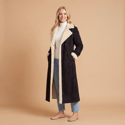 Winter Coat Long, Faux Shearling Trim Double Breasted Coat 1