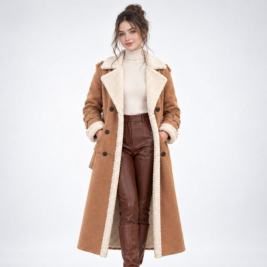 Winter Coat Long, Faux Shearling Trim Double Breasted Coat 1