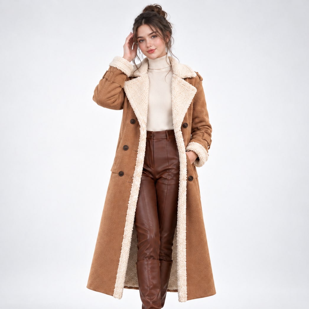 Winter Coat Long, Faux Shearling Trim Double Breasted Coat 2