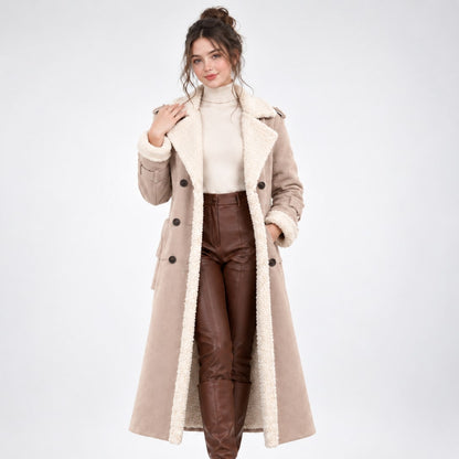Winter Coat Long, Faux Shearling Trim Double Breasted Coat 3