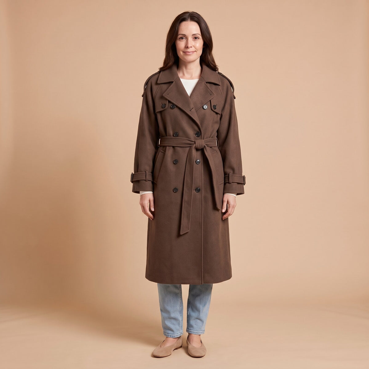 Longline Trench Coat in Brown - front view