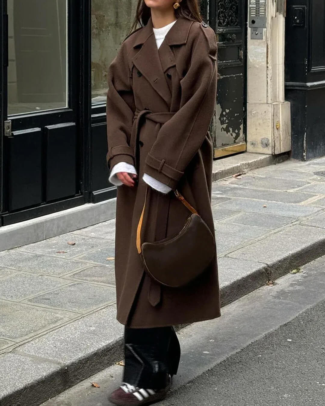 Longline Trench Coat in Brown - worn by a model outdoors