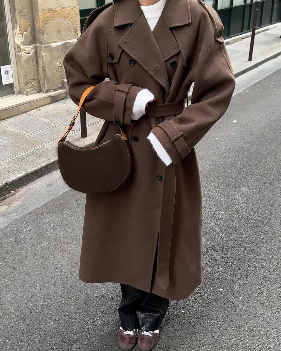 Longline Trench Coat in Brown - worn by a model outdoors