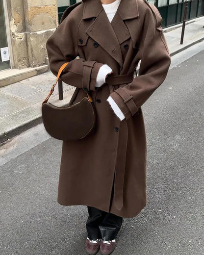 Longline Trench Coat in Brown - worn by a model outdoors