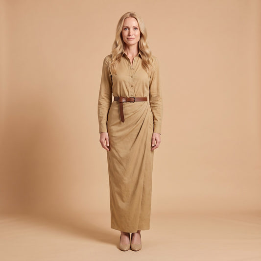 Luna Long Sleeve Belted Maxi Dress in Khaki - front view