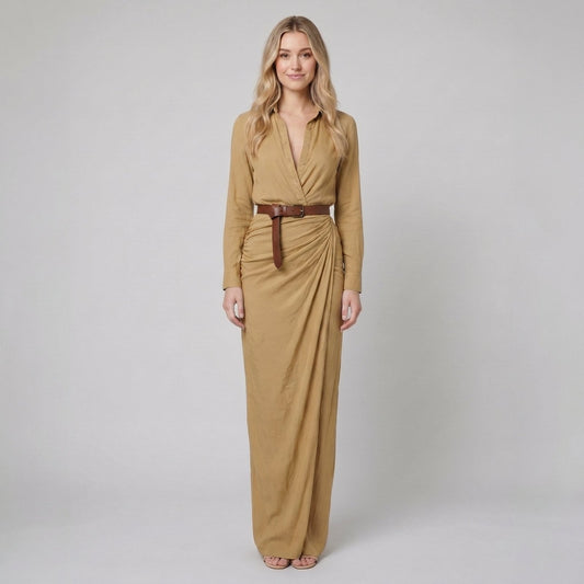Luna Long Sleeve Belted Maxi Dress in Khaki - worn by a model, front view
