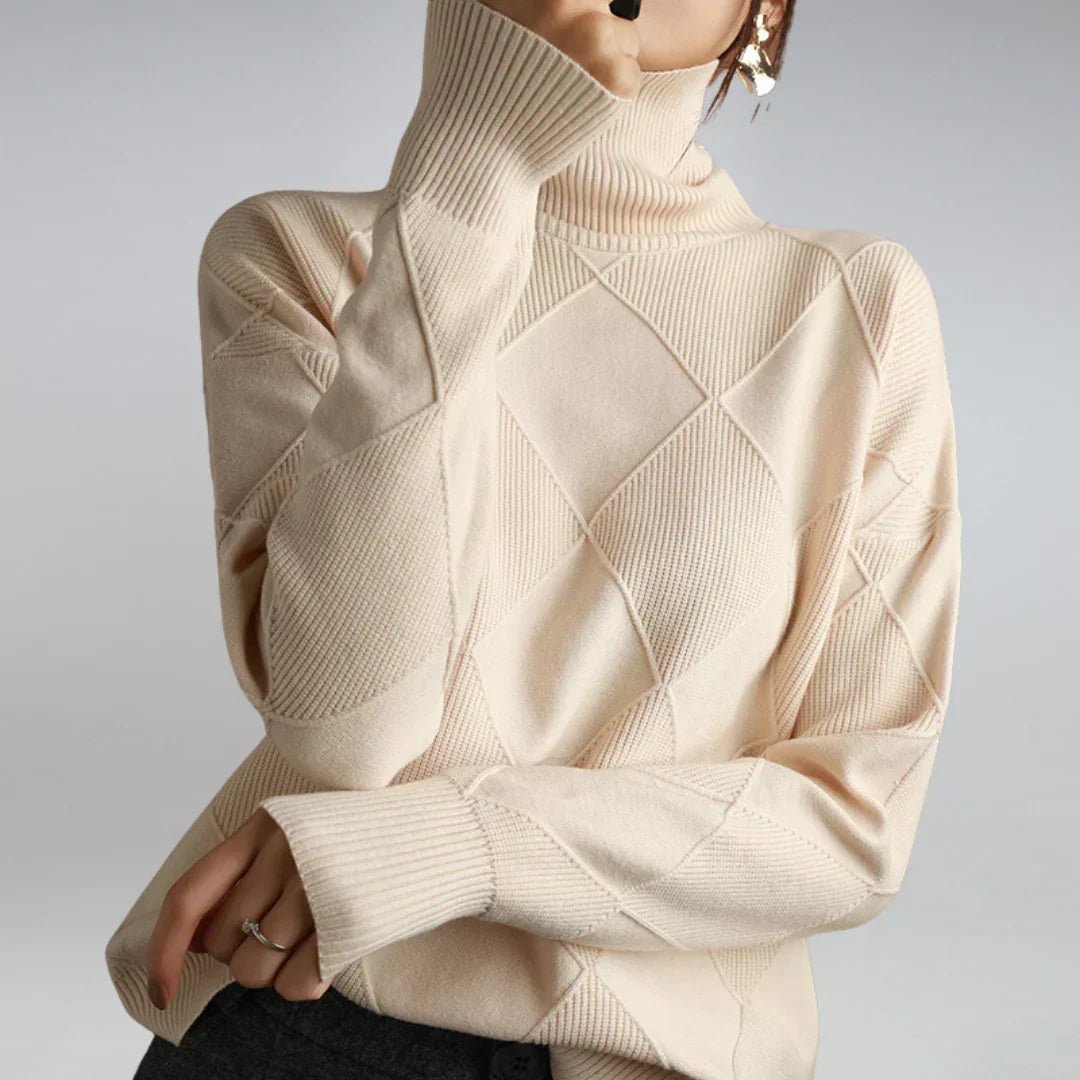 Lydia Luxury Cashmere Blend Turtleneck in beige - worn by a model, front view