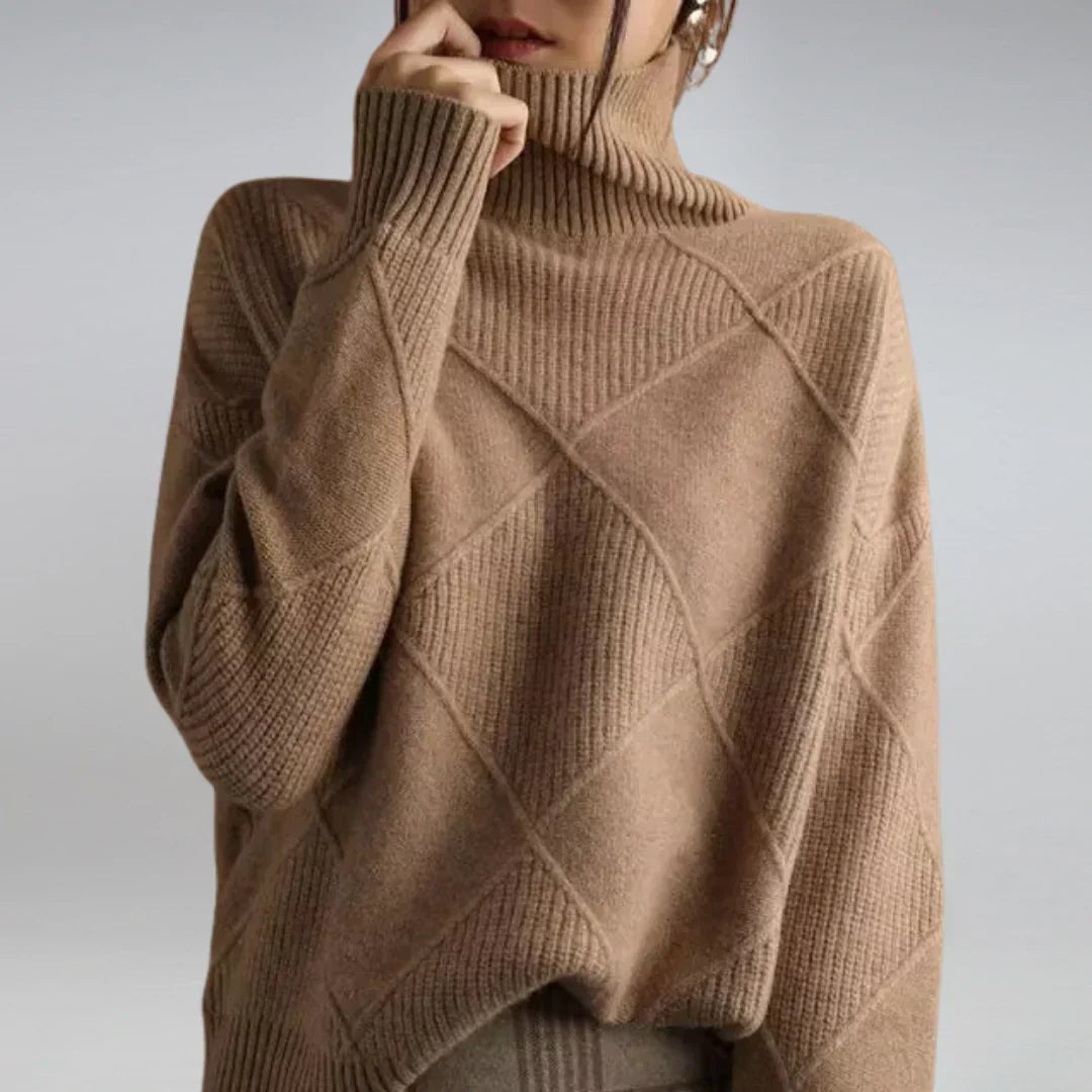 Lydia Luxury Cashmere Blend Turtleneck in brown - worn by a model, front view