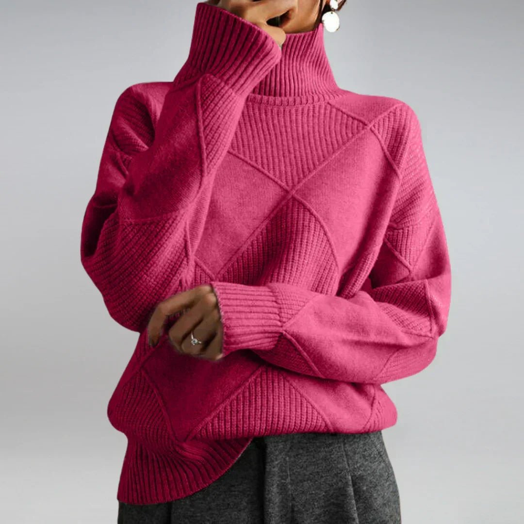 Lydia Luxury Cashmere Blend Turtleneck in magenta - worn by a model, front view
