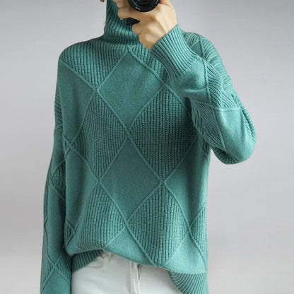 Lydia Luxury Cashmere Blend Turtleneck in teal - worn by a model, front view