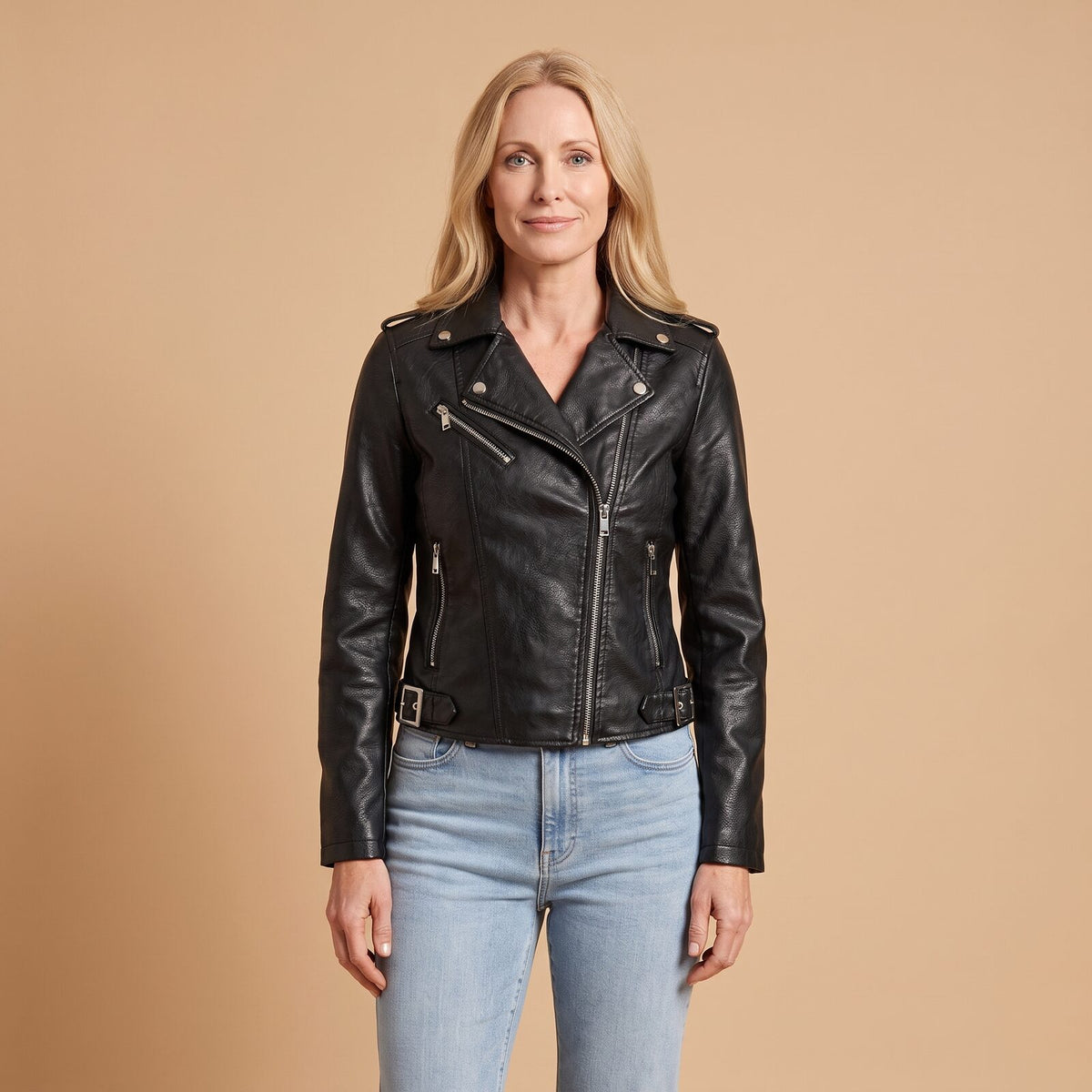 Maxine Faux Leather Jacket in Black - front view