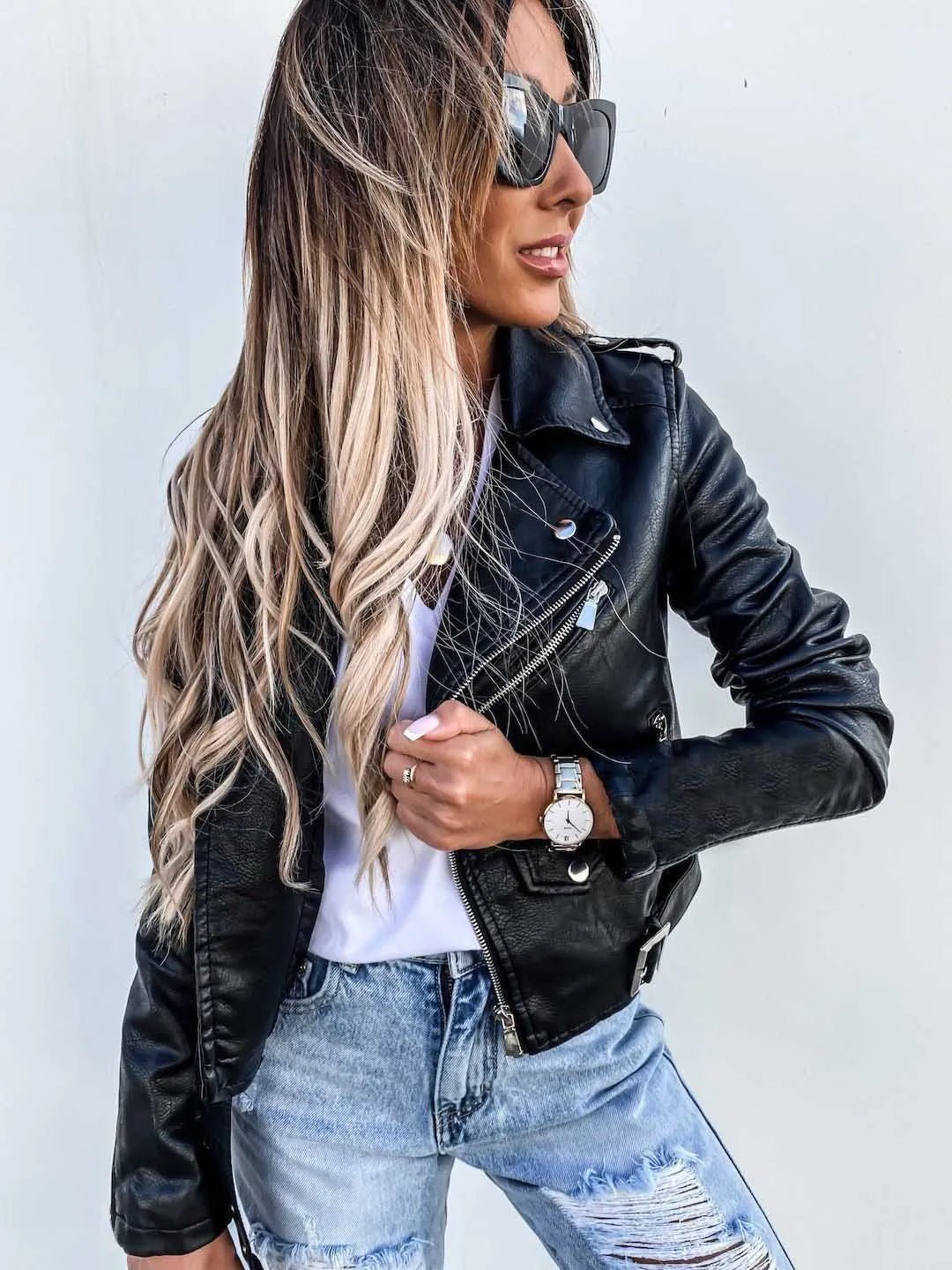 Maxine Faux Leather Jacket in Black - worn by a model, front view